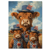 Mother Highland Cow and Three Calves in Patriotic Outfits and Hats with American Flags in a Field Scene on Ready to Hang 1.5" Thick Canvas Wrap, Floating Framed Canvas, Flat Rolled Canvas